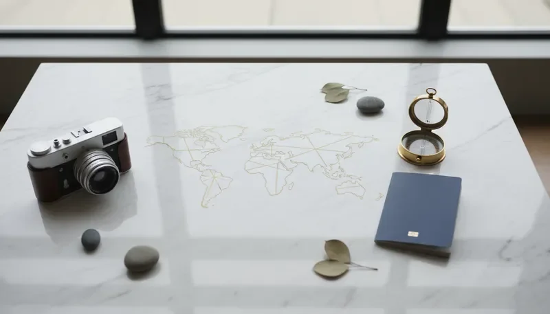 Luxury travel planning workspace with map and travel essentials
